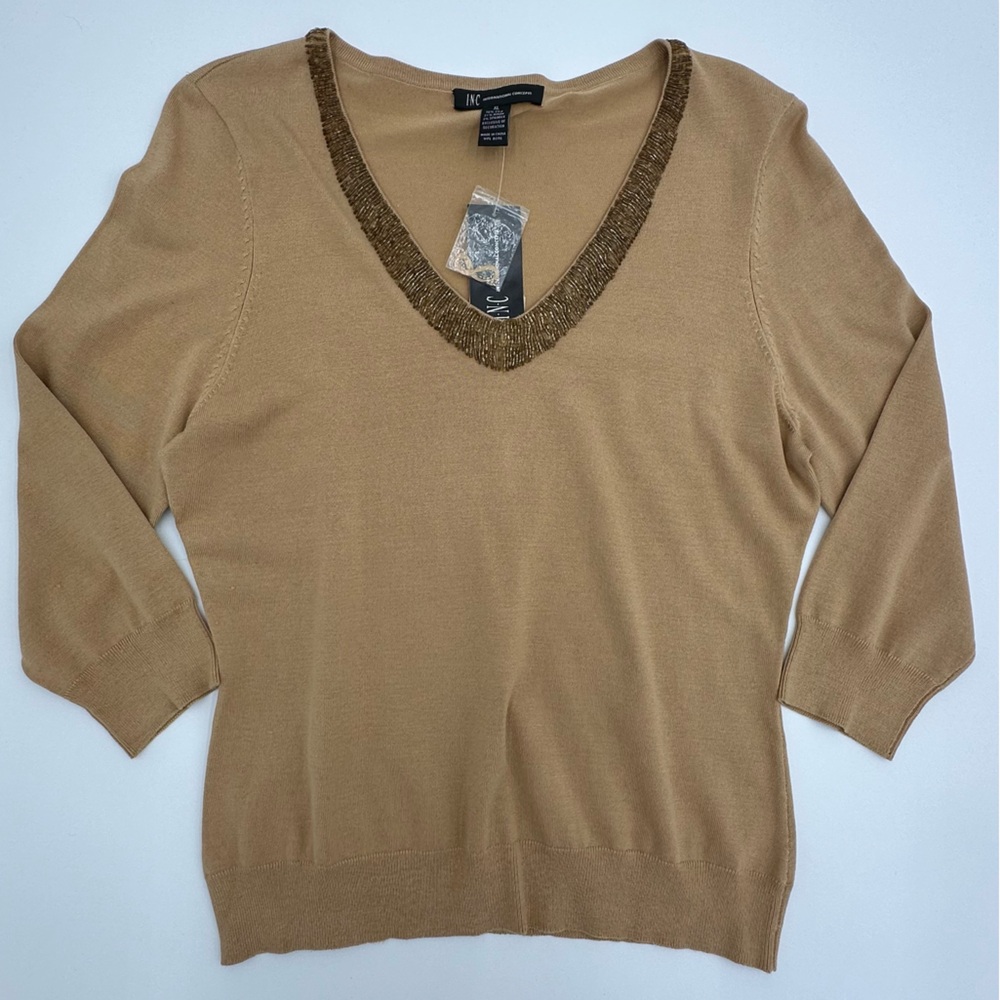 NWT INC International Concepts Gold Tan Holiday Sweater Gold Beading on V Neck
